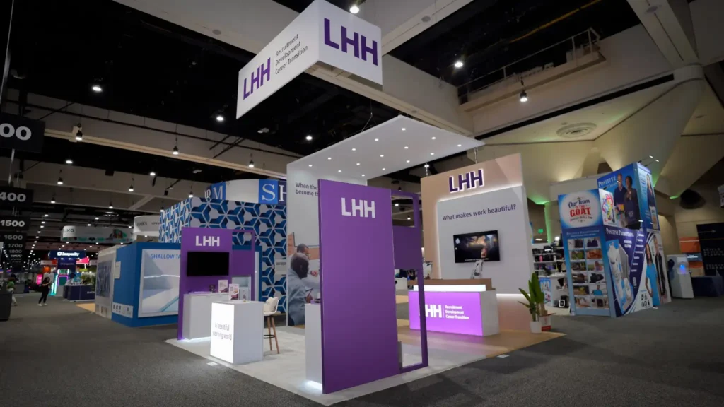 LHH 20x20 trade show booth showcasing workforce and HR solutions at SHRM conference in San Diego