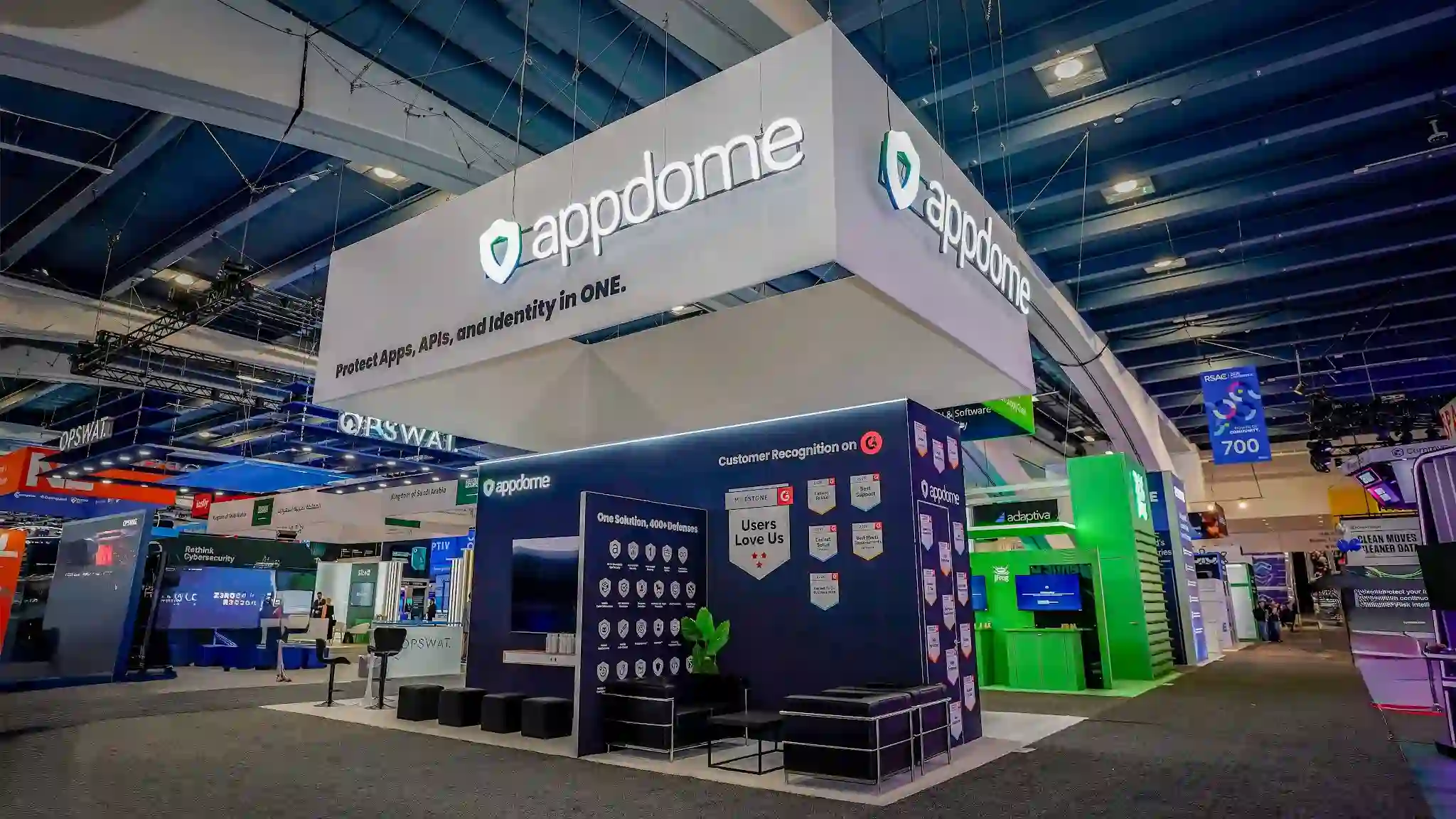 View of the Appdome 20x30 island at RSA Conference 2026 beneath the white Protect Apps, APIs, and Identity in ONE hanging sign in the Moscone South Hall