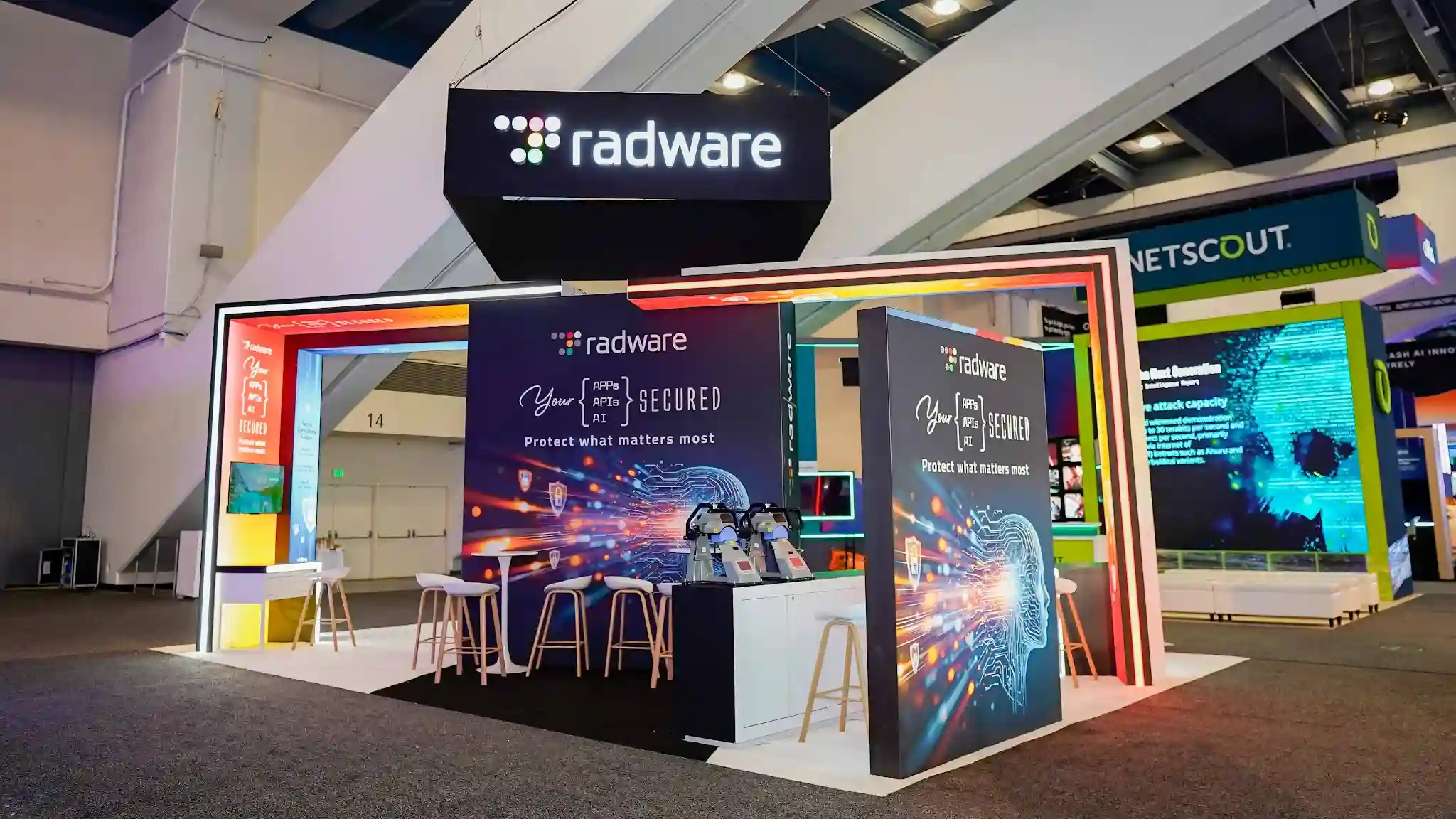 Radware 20x20 interactive island exhibit rental built by Pure Exhibits