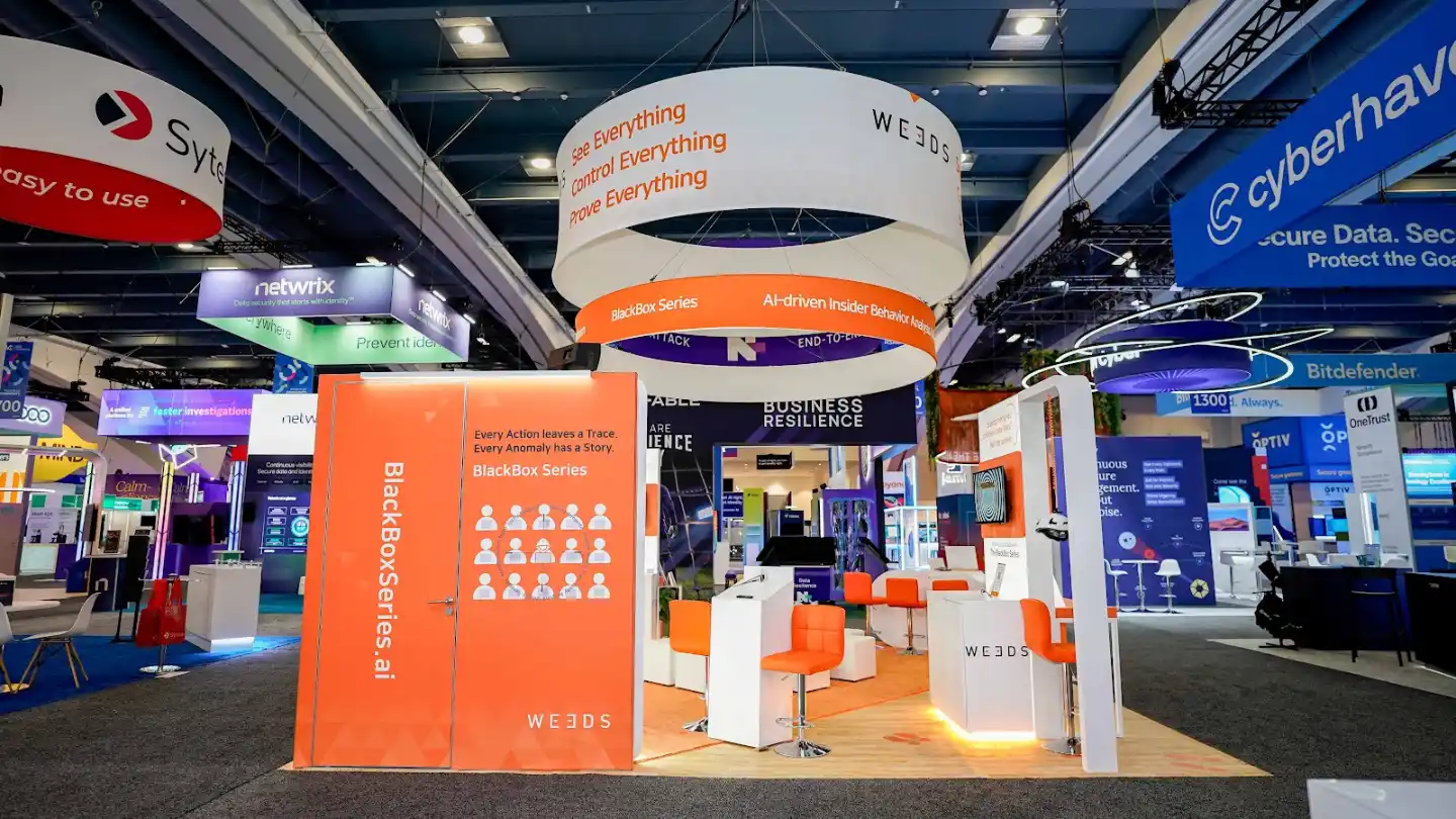 Left exterior panel close-up of the WE3DS booth at RSA Conference 2026 showing the vivid orange panel with bold white text reading Every Action leaves a Trace Every Anomaly has a Story and the BlackBoxSeries.ai URL displayed vertically in full-height typography alongside a user icon grid infographic visualizing workforce-scale behavioral monitoring, the double-ring overhead sign visible above, white structural frame bordering the panel, neighboring Cyberhaven and Netwrix booths visible in background, Moscone Center South Expo Hall environment