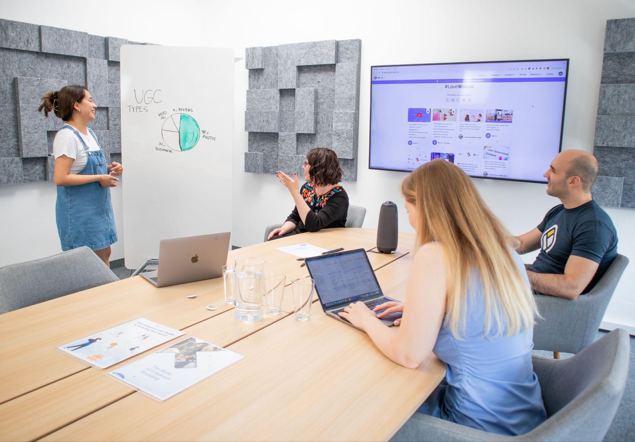 Marketing team planning annual trade show calendar across city map with exhibit timeline