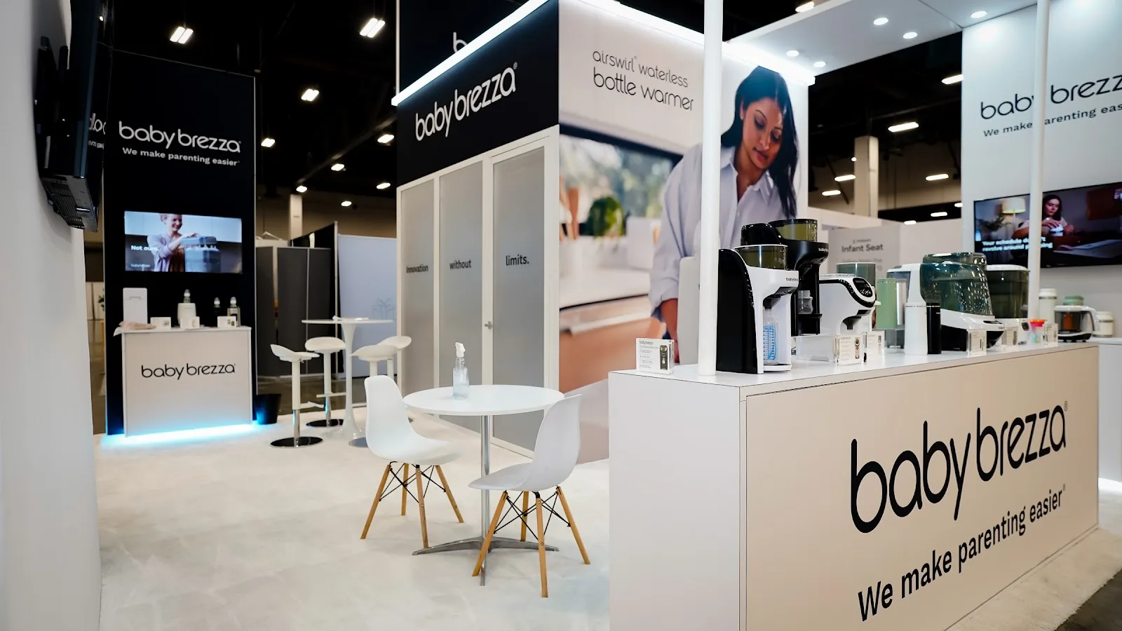 Product display detail in the Baby Brezza exhibit at ABC Kids Expo 2026, with merchandise presented on clean white shelving