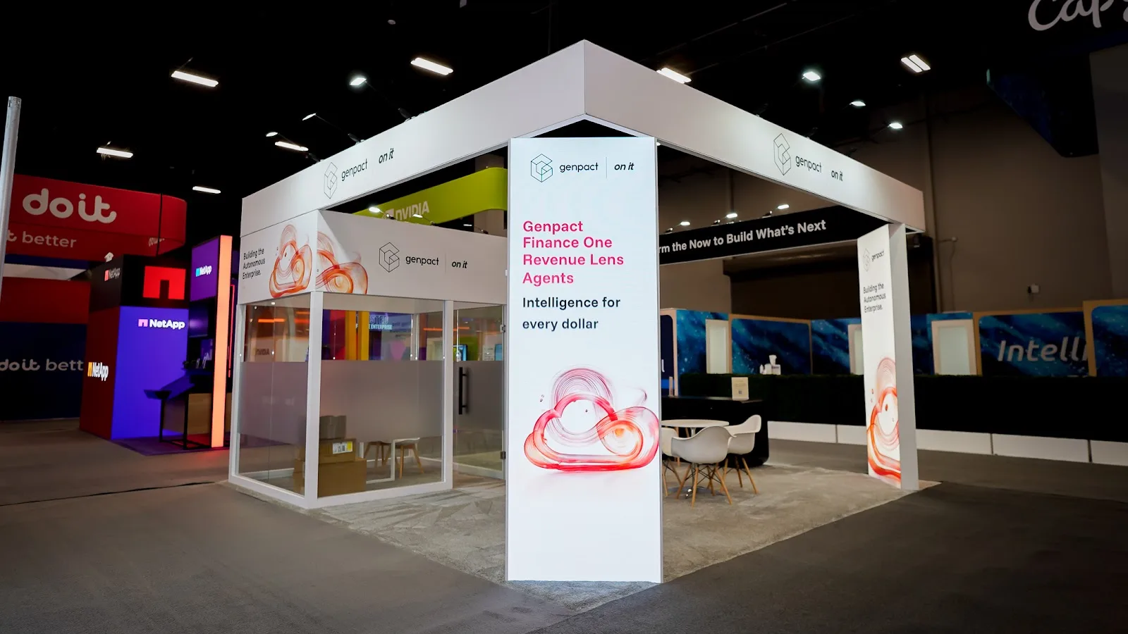 Private meeting room built into the Genpact island booth at Google Cloud Next 2026, enclosed for confidential executive conversations on the show floor