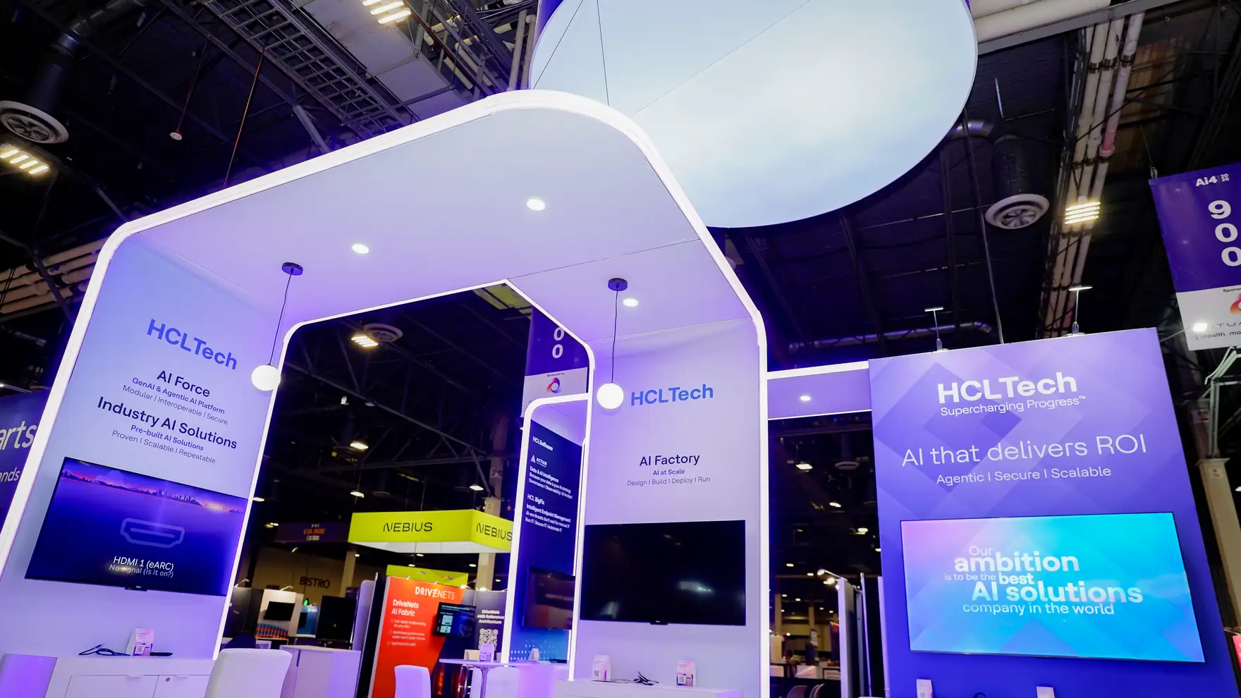 Detail of the sweeping archway canopy over the HCLTech booth at Ai4 2026