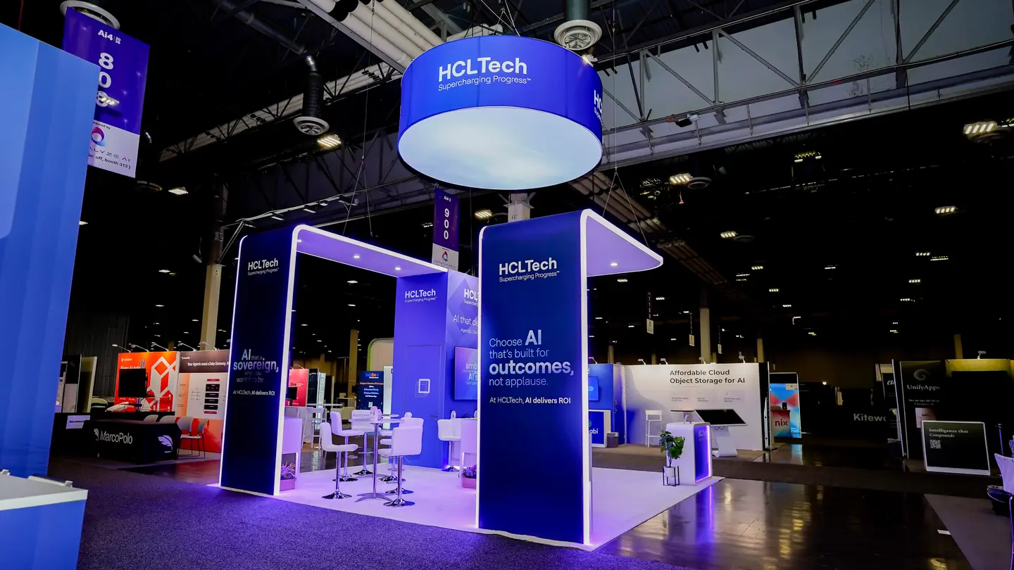 Side profile of the HCLTech booth canopy at Ai4 2026