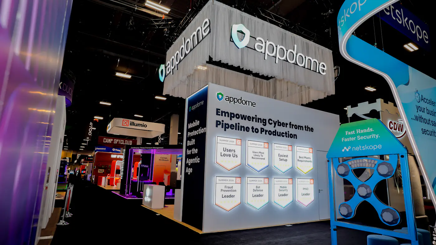 Detail of the Appdome booth G2 badge wall at Black Hat USA 2026 with Summer 2026 Leader badges for Fraud Prevention, Bot Defense, Mobile Security and RMAD