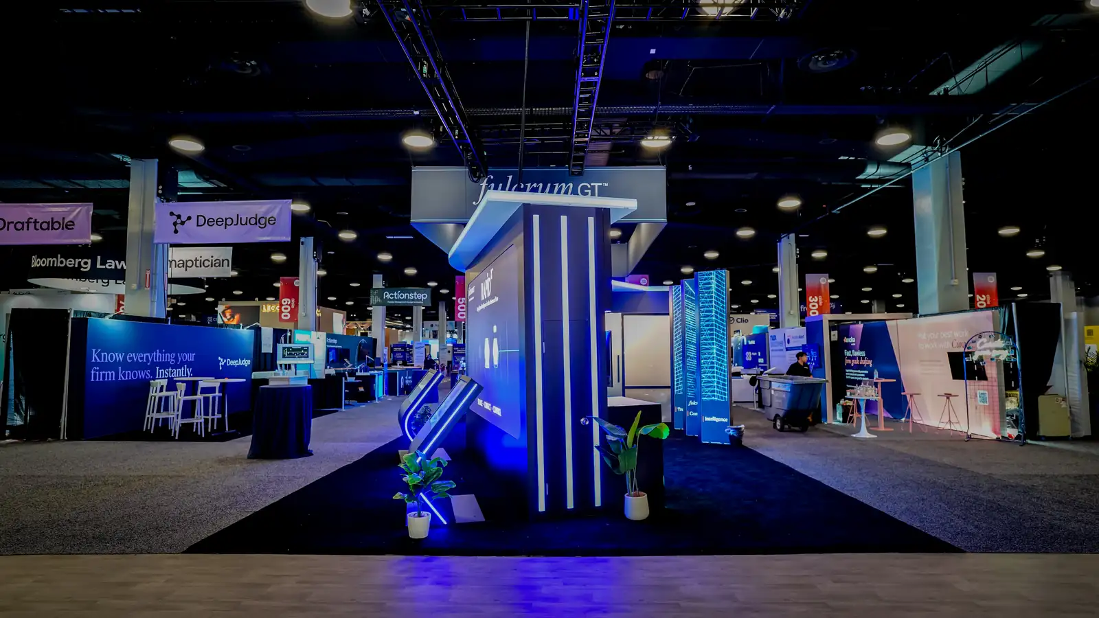 End cap of the Fulcrum GT 20x80 island at ILTACON 2026 with Fulcrum Labs graphics