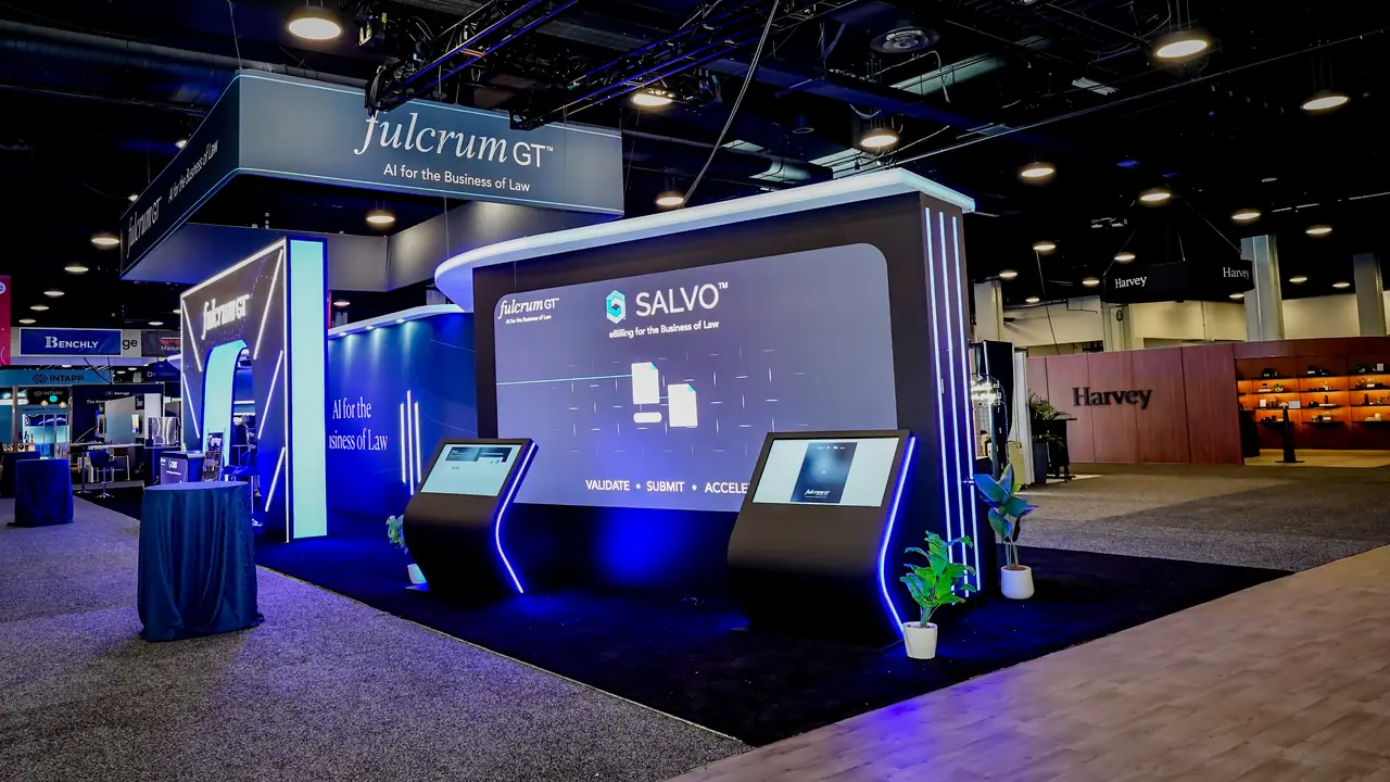 Salvo e-billing LED wall inside the Fulcrum GT booth at ILTACON 2026