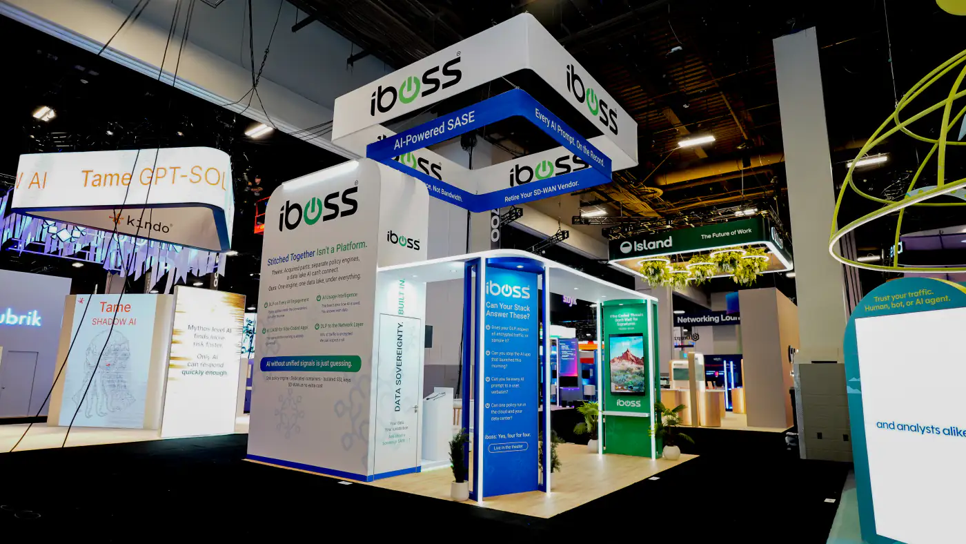 iboss booth at Black Hat USA 2026 with the Data Sovereignty Built In door, Stitched Together Isn't a Platform message wall and blue Can Your Stack Answer These pillar